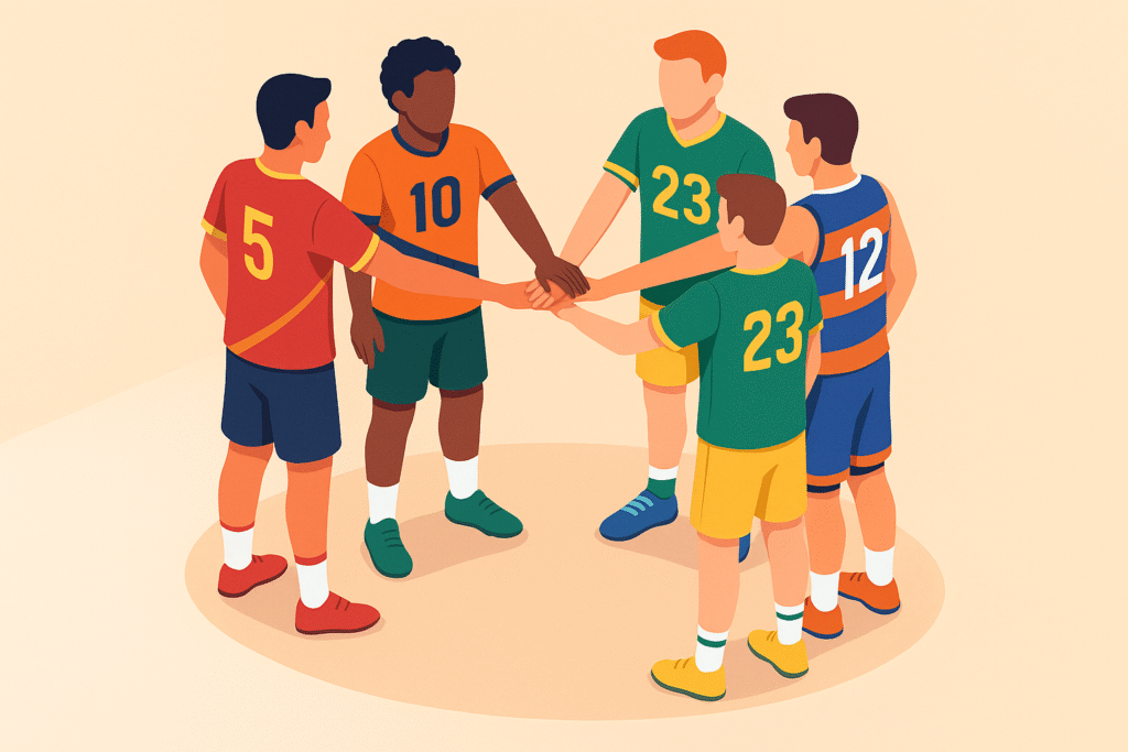 Equipo unido en círculo con camisetas deportivas personalizadas mostrando colores y números.