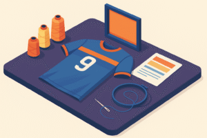 Camiseta deportiva sobre mesa con herramientas de personalización y ficha técnica.