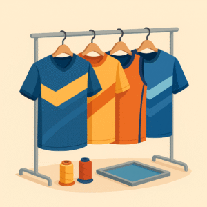 Varias camisetas deportivas personalizadas colgadas mostrando diferentes diseños y estilos.