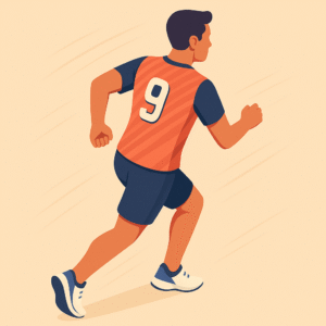 Deportista corriendo con camiseta personalizada mostrando diseño técnico y número.