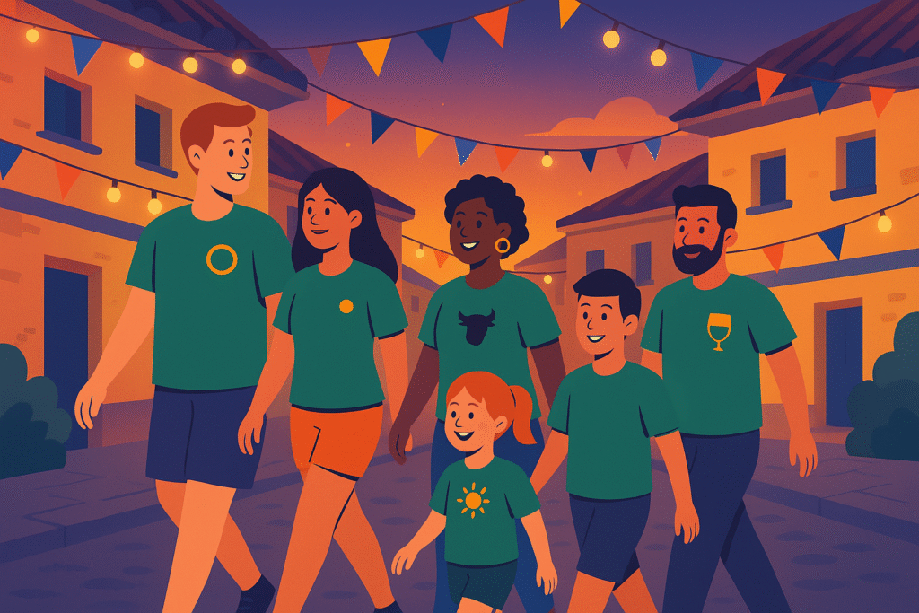 Grupo de peña caminando por la calle con camisetas personalizadas durante las fiestas del pueblo.