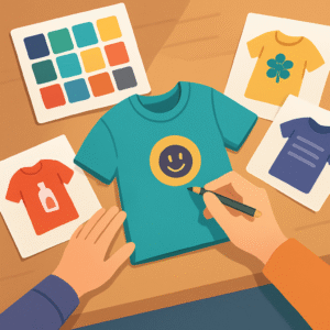 Mesa con bocetos y muestras de color para diseñar camisetas personalizadas.