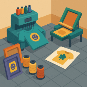 Taller local con máquinas personalizando una camiseta de peña.