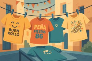 Diferentes estilos de camisetas de peñas colgadas en un tendedero urbano.