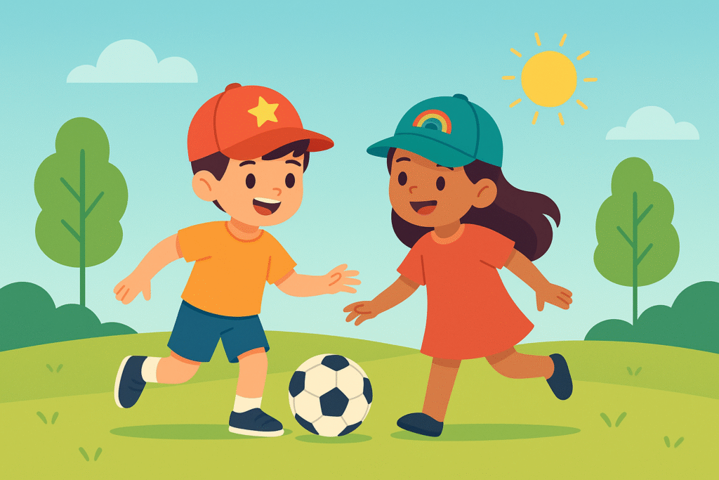 Niños jugando al sol con gorras personalizadas coloridas.