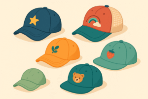 Diferentes tipos de gorras infantiles personalizadas en estilo isométrico.