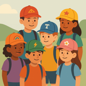 Niños en actividad escolar llevando gorras personalizadas del mismo grupo.