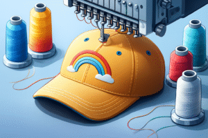 Máquina de bordado creando diseño en una gorra infantil.